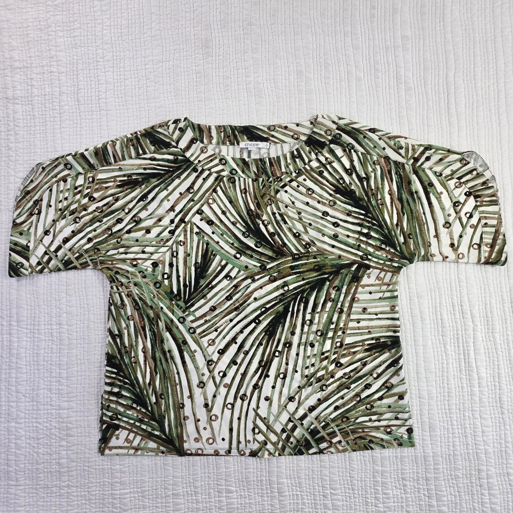Chicos Palm Leaf Print Short Sleeve Top Green Tropical EUC Size 2 L 570391491